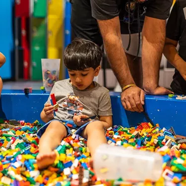 Little boy in a pool of lego